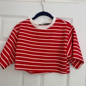 Zara Womens Red White Striped Crop Top Boxy Crew Neck Short Sleeve Size Small